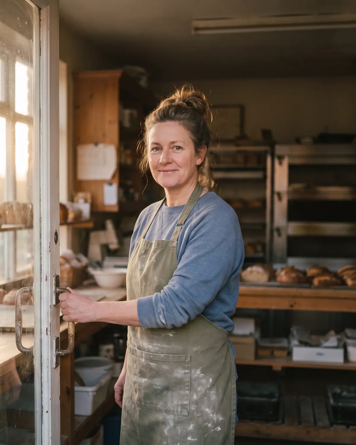 Bakery owner opening her shop in the morning