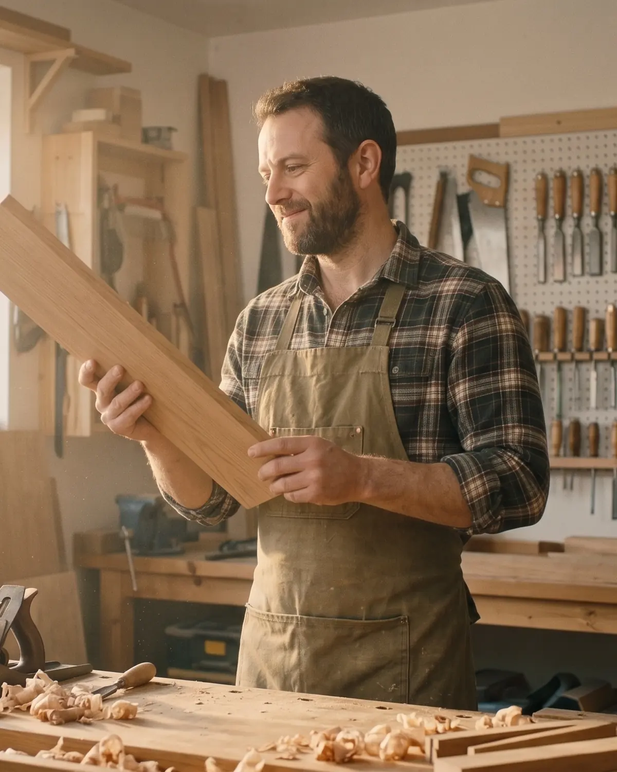 Self-employed carpenter checking an oak board in his workshop