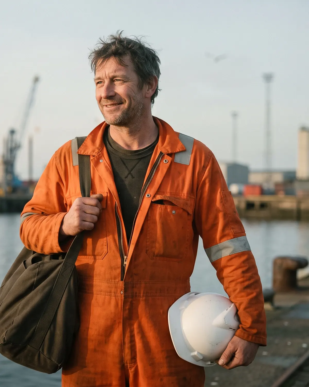 Offshore worker with his kit bag on a harbour quay