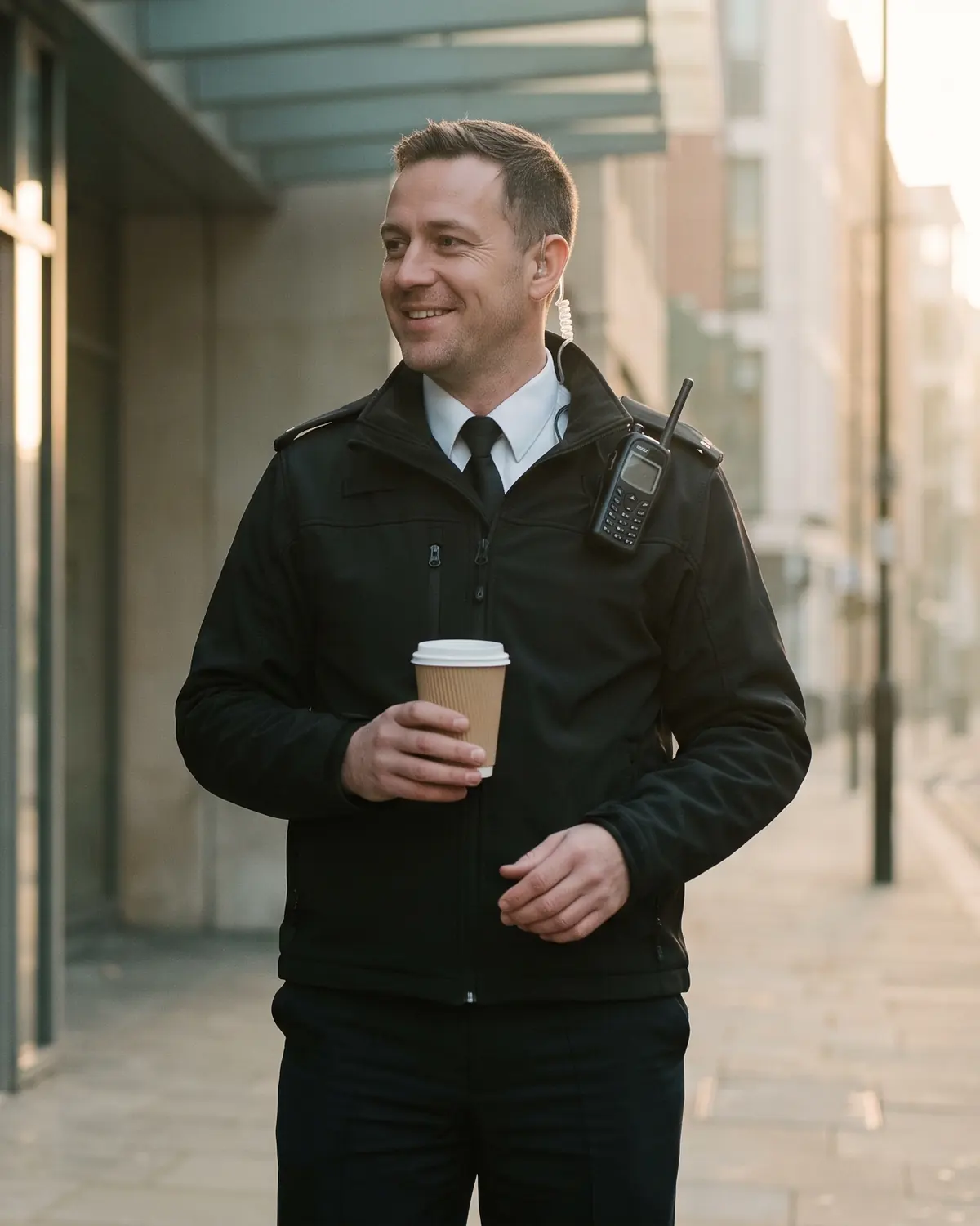 Security officer with a coffee outside an office building at sunrise