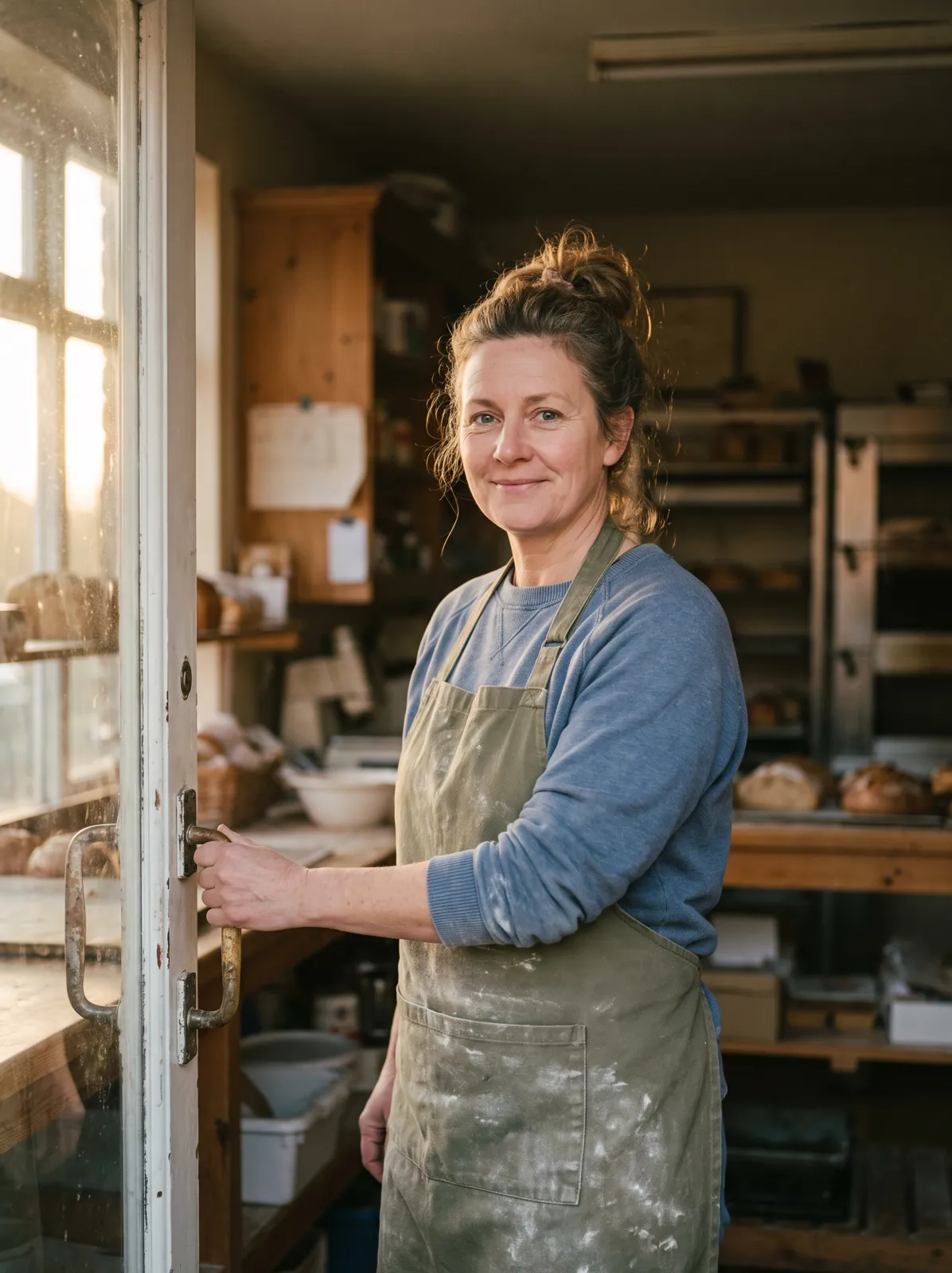 Bakery owner opening her shop in the morning