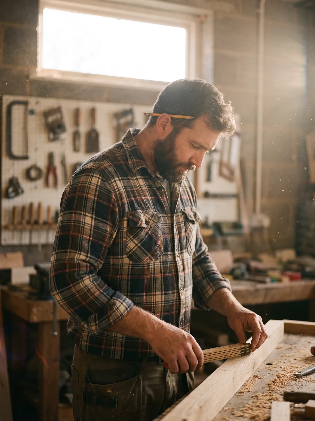 Self-employed carpenter measuring oak in his workshop