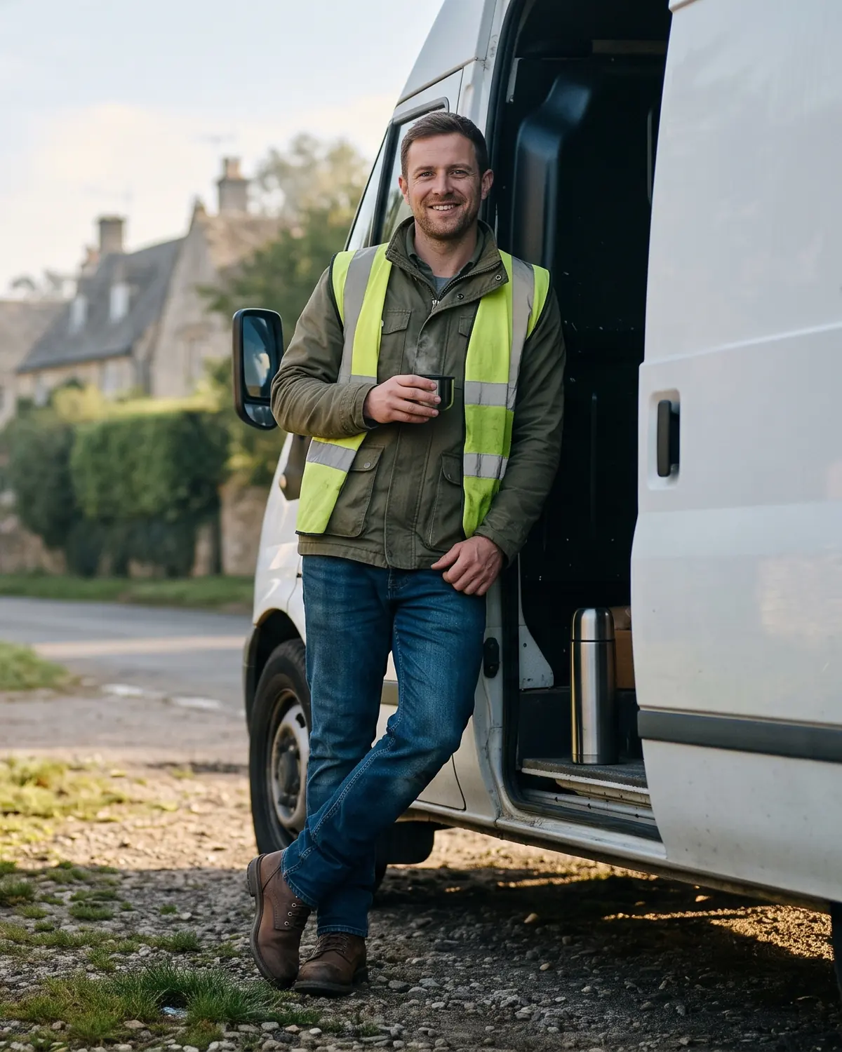 Field engineer with a cup of tea by his van