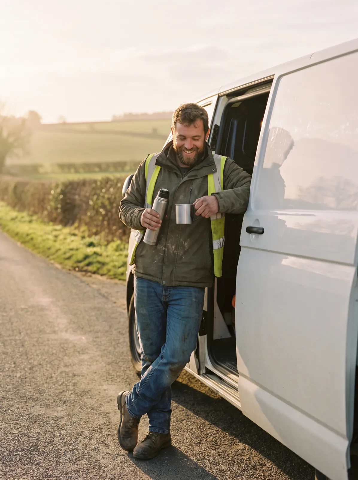 Field engineer with a cup of tea by his van